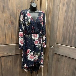 Floral print high-low faux-wrap dress